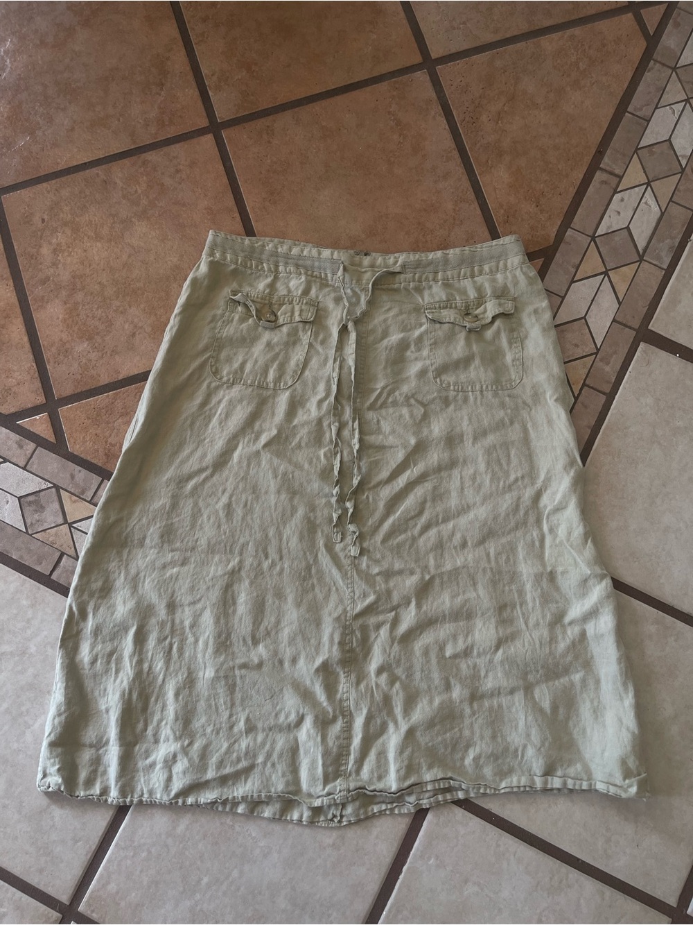 Cherokee Light Sage Drawstring 100% Linen Midi Skirt